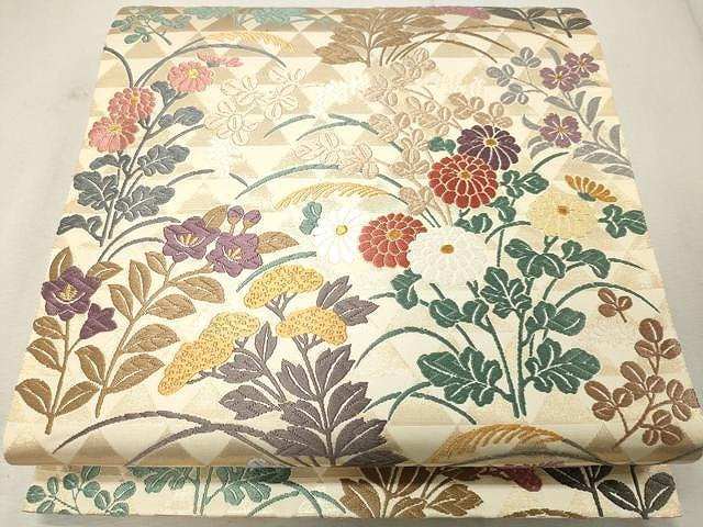平和屋着物●六通柄袋帯　唐織　秋草能衣文　金糸　正絹　逸品　未使用　CAAU1104yk