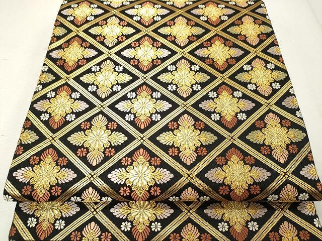 平和屋着物●六通柄袋帯　唐織　菱花文　黒地　金糸　正絹　逸品　CAAU1110yk 平和屋着物○六通柄袋帯 唐織 菱花文 黒地 金糸 正絹 逸品