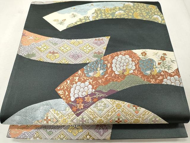 平和屋着物●六通柄袋帯 唐織 短冊孔雀吉祥花文 金銀糸 正絹 逸品 CAAU1135yk