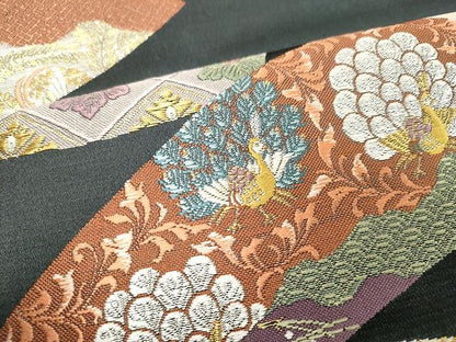 平和屋着物●六通柄袋帯 唐織 短冊孔雀吉祥花文 金銀糸 正絹 逸品 CAAU1135yk