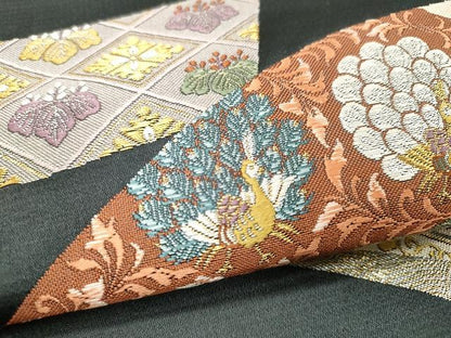 平和屋着物●六通柄袋帯 唐織 短冊孔雀吉祥花文 金銀糸 正絹 逸品 CAAU1135yk