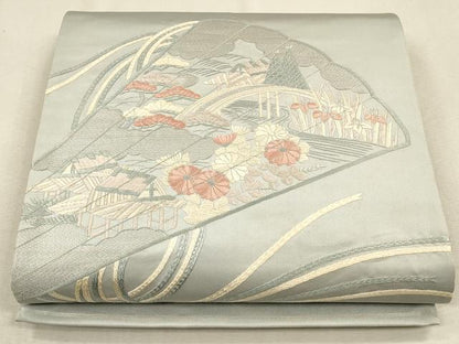 平和屋着物◎太鼓柄袋帯 総刺繍 檜扇花文 銀糸 正絹 逸品 CAAU1263ft