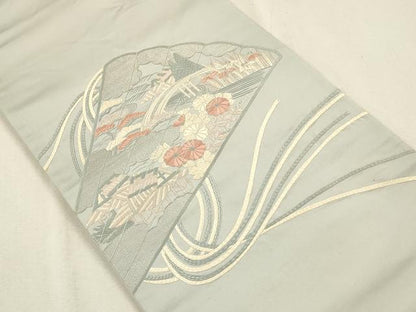 平和屋着物◎太鼓柄袋帯 総刺繍 檜扇花文 銀糸 正絹 逸品 CAAU1263ft