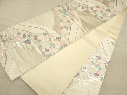 平和屋着物◎六通柄袋帯　唐織　飛鶴吉祥花文　銀糸　正絹　逸品　CAAU1314ft
