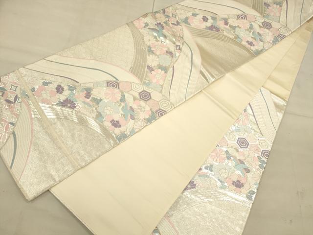 平和屋着物◎六通柄袋帯　唐織　飛鶴吉祥花文　銀糸　正絹　逸品　CAAU1314ft
