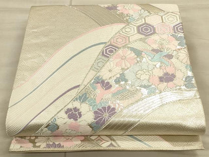 平和屋着物◎六通柄袋帯　唐織　飛鶴吉祥花文　銀糸　正絹　逸品　CAAU1314ft