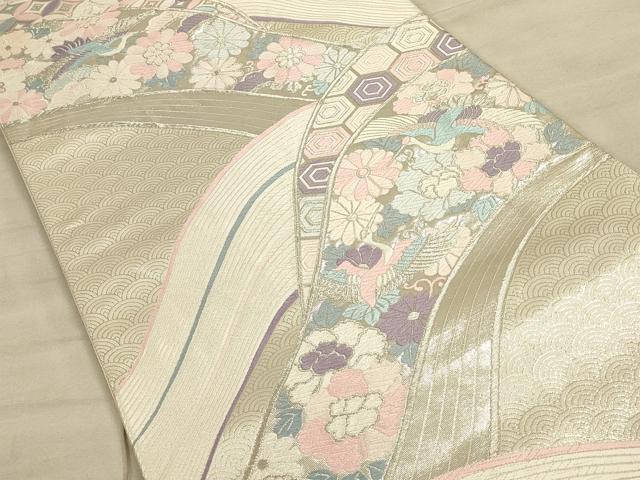 平和屋着物◎六通柄袋帯　唐織　飛鶴吉祥花文　銀糸　正絹　逸品　CAAU1314ft