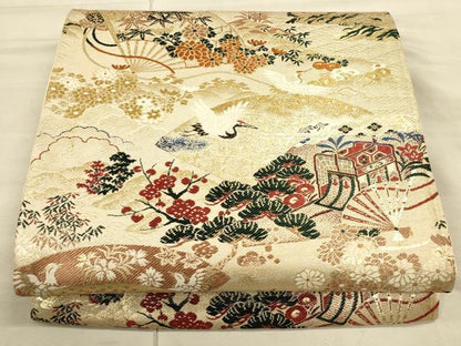 平和屋着物◎アンティーク 大正ロマン 六通柄袋帯 扇面飛鶴文 金糸 正絹 逸品 CAAU1322ft