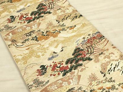 平和屋着物◎アンティーク 大正ロマン 六通柄袋帯 扇面飛鶴文 金糸 正絹 逸品 CAAU1322ft