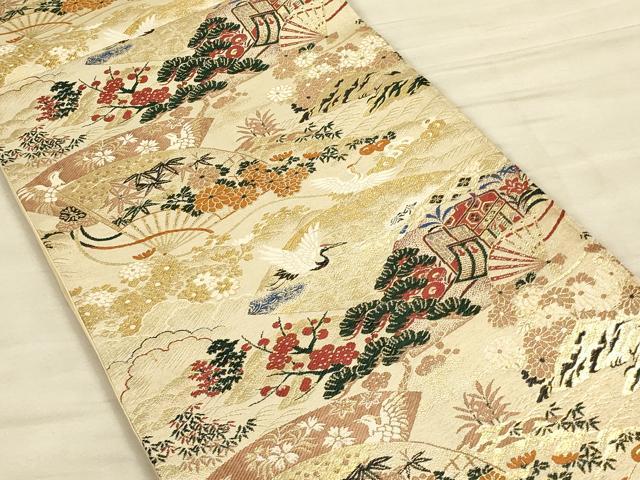 平和屋着物◎アンティーク 大正ロマン 六通柄袋帯 扇面飛鶴文 金糸 正絹 逸品 CAAU1322ft