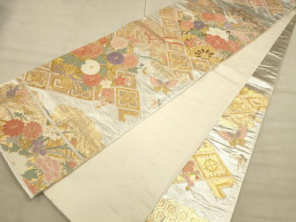 平和屋着物◎六通柄袋帯 幾何学間道 金糸 正絹 逸品 CAAU1347ft