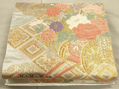 平和屋着物◎六通柄袋帯 幾何学間道 金糸 正絹 逸品 CAAU1347ft