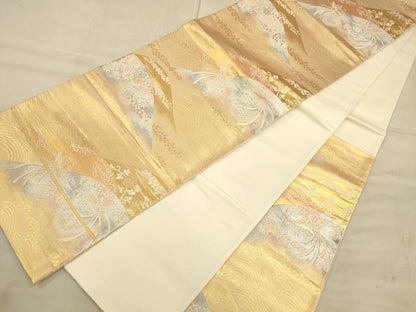 平和屋着物◎六通柄袋帯　尾長鳥遠山花文　金銀糸　正絹　逸品　CAAU1380ft