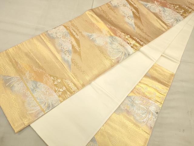 平和屋着物◎六通柄袋帯　尾長鳥遠山花文　金銀糸　正絹　逸品　CAAU1380ft