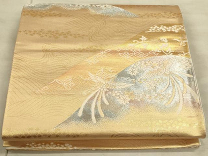 平和屋着物◎六通柄袋帯　尾長鳥遠山花文　金銀糸　正絹　逸品　CAAU1380ft