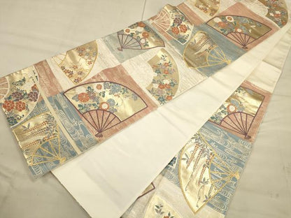 平和屋着物◎六通柄袋帯 市松扇面取花紋 金糸 正絹 逸品 CAAU1383ft