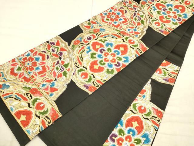 平和屋着物◎六通柄袋帯 唐織 鏡裏花文 黒地 金銀糸 正絹 逸品 CAAU1396ft