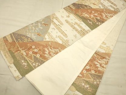 平和屋着物◎六通柄袋帯 飛鶴吉祥文 金糸 正絹 逸品 CAAU1408ft