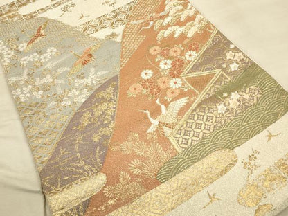 平和屋着物◎六通柄袋帯 飛鶴吉祥文 金糸 正絹 逸品 CAAU1408ft