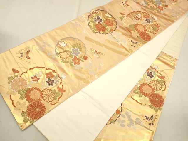 平和屋着物◎六通柄袋帯 雪輪花蝶文 金糸 正絹 逸品 CAAU1416ft