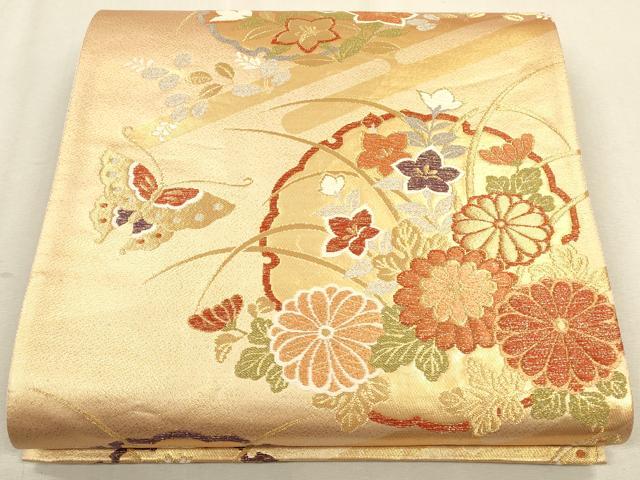 平和屋着物◎六通柄袋帯 雪輪花蝶文 金糸 正絹 逸品 CAAU1416ft