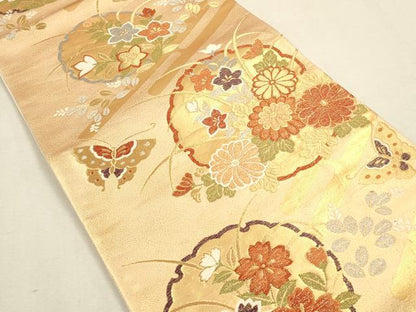 平和屋着物◎六通柄袋帯 雪輪花蝶文 金糸 正絹 逸品 CAAU1416ft