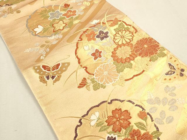 平和屋着物◎六通柄袋帯 雪輪花蝶文 金糸 正絹 逸品 CAAU1416ft