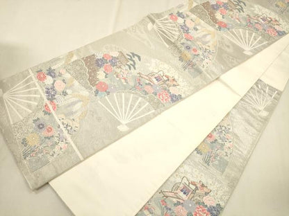 平和屋着物◎六通柄袋帯 唐織 重ね扇花鳥文 全プラチナ箔 正絹 逸品 CAAU1419ft