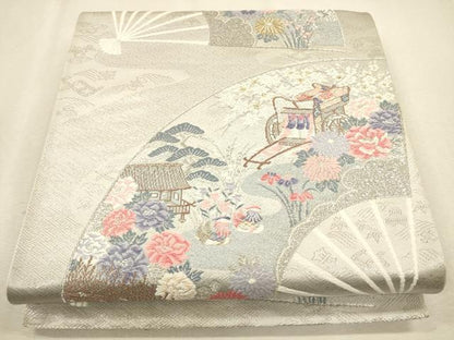 平和屋着物◎六通柄袋帯 唐織 重ね扇花鳥文 全プラチナ箔 正絹 逸品 CAAU1419ft