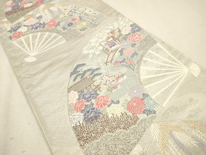 平和屋着物◎六通柄袋帯 唐織 重ね扇花鳥文 全プラチナ箔 正絹 逸品 CAAU1419ft