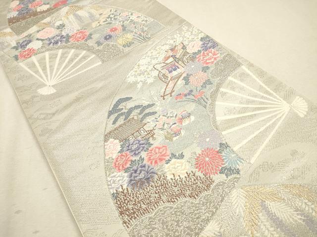平和屋着物◎六通柄袋帯 唐織 重ね扇花鳥文 全プラチナ箔 正絹 逸品 CAAU1419ft