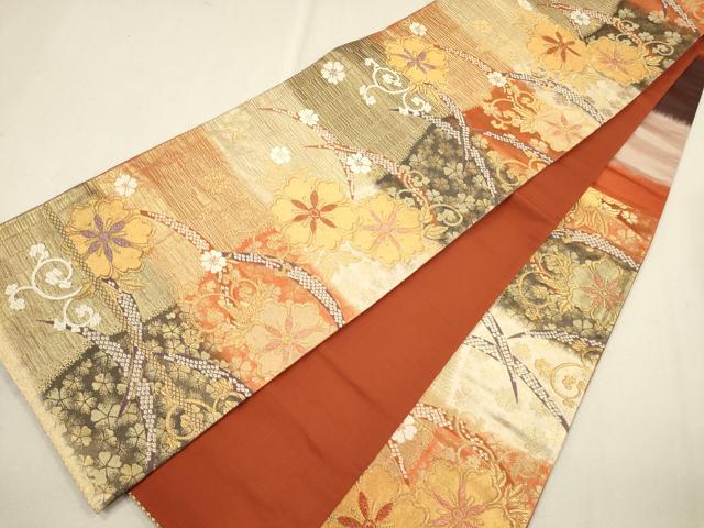 平和屋着物◎六通柄袋帯 吉祥花文 金糸 正絹 逸品 CAAU1448ft