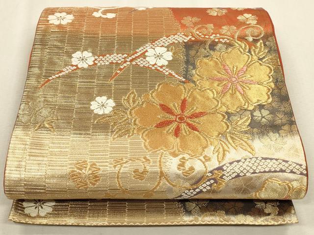 平和屋着物◎六通柄袋帯 吉祥花文 金糸 正絹 逸品 CAAU1448ft