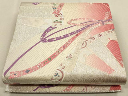 平和屋着物◎六通柄袋帯　唐織り束ね熨斗花文　銀糸　正絹　逸品　CAAU1450ft