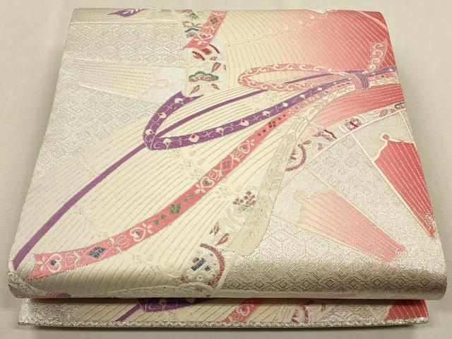 平和屋着物◎六通柄袋帯　唐織り束ね熨斗花文　銀糸　正絹　逸品　CAAU1450ft