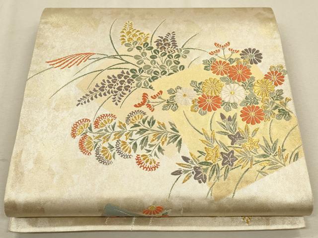 平和屋着物◎太鼓柄袋帯 色紙草花文 金糸 引箔 正絹 逸品 CAAU1457ft