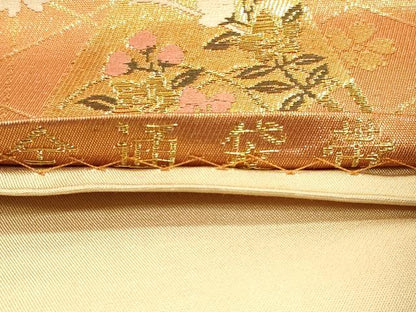平和屋着物◎全通柄袋帯扇面花鳥文 金糸 正絹 逸品 CAAU1483ft