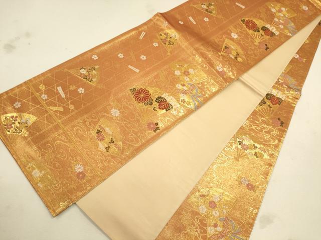 平和屋着物◎全通柄袋帯扇面花鳥文 金糸 正絹 逸品 CAAU1483ft