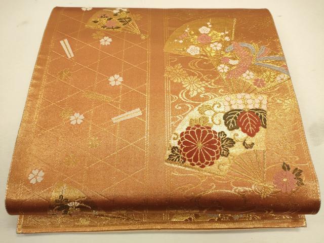 平和屋着物◎全通柄袋帯扇面花鳥文 金糸 正絹 逸品 CAAU1483ft