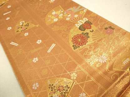 平和屋着物◎全通柄袋帯扇面花鳥文 金糸 正絹 逸品 CAAU1483ft