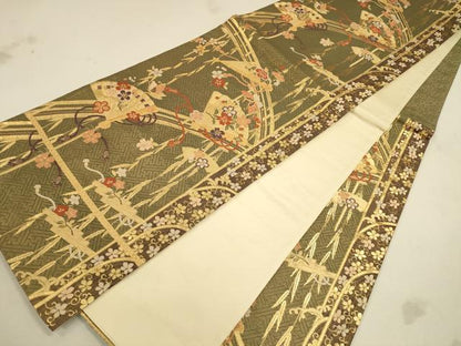 平和屋着物◎六通柄袋帯 渡り橋檜扇花文 金糸 正絹 逸品 CAAU1506ft