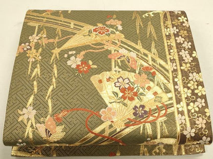 平和屋着物◎六通柄袋帯 渡り橋檜扇花文 金糸 正絹 逸品 CAAU1506ft