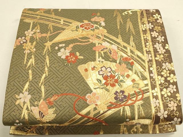 平和屋着物◎六通柄袋帯 渡り橋檜扇花文 金糸 正絹 逸品 CAAU1506ft