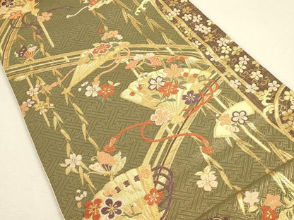 平和屋着物◎六通柄袋帯 渡り橋檜扇花文 金糸 正絹 逸品 CAAU1506ft