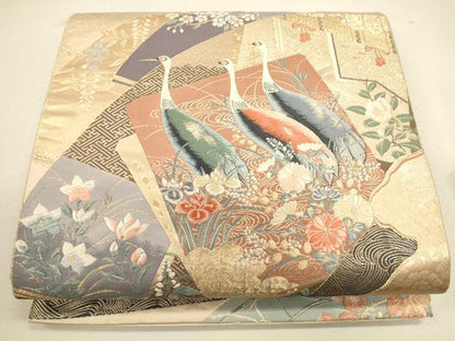 平和屋着物◎六通柄袋帯　唐織　群鶴花文　正絹　逸品　CAAU1518ft