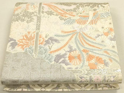 平和屋着物◎六通柄袋帯 唐織 尾長鳥花文 銀糸 正絹 逸品 CAAU1589ft