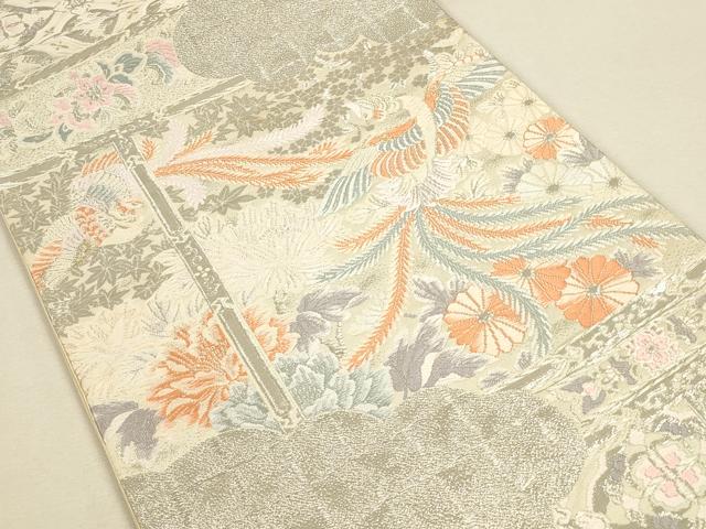 平和屋着物◎六通柄袋帯 唐織 尾長鳥花文 銀糸 正絹 逸品 CAAU1589ft