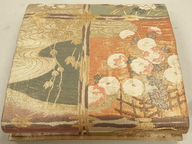 平和屋着物◎佐賀錦 六通柄袋帯 天井草花文 金糸 正絹 逸品 CAAU1599ft