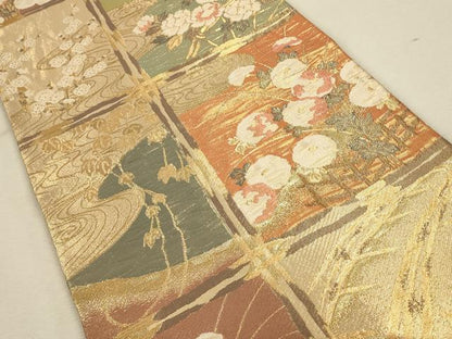平和屋着物◎佐賀錦 六通柄袋帯 天井草花文 金糸 正絹 逸品 CAAU1599ft