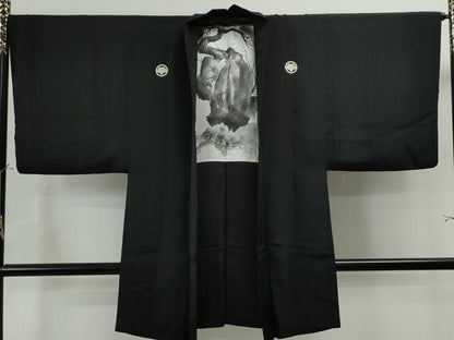 平和屋着物●男性　黒紋付・羽織セット　正絹　逸品　CAAU1601yc